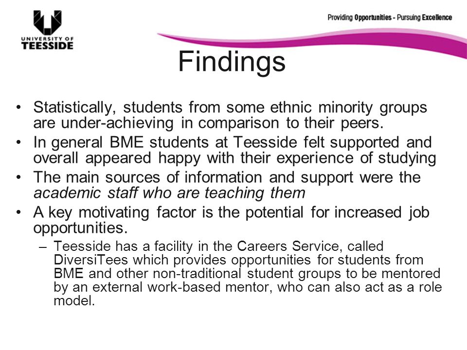 Findings Statistically, students from some ethnic minority groups are under-achieving in comparison to their peers.