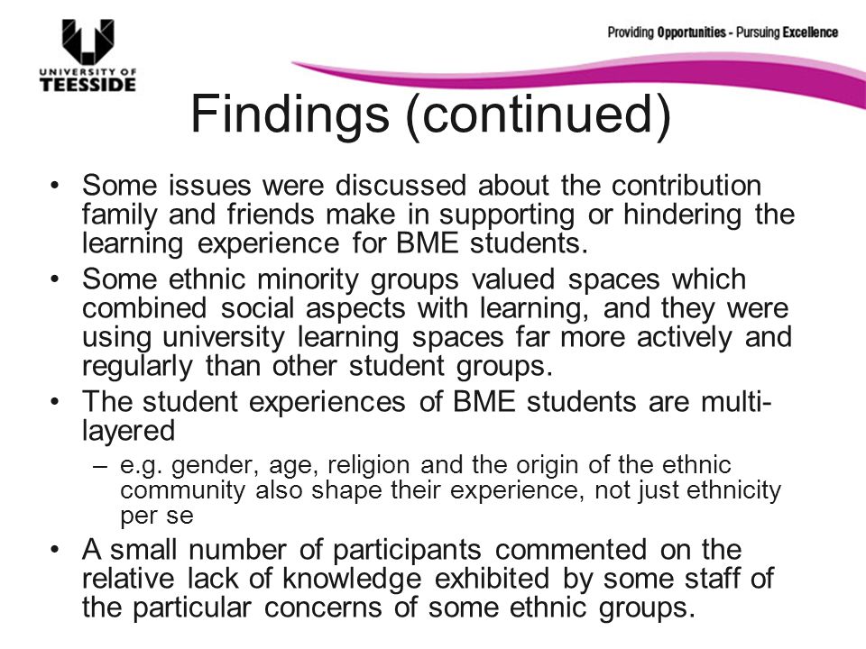 Findings (continued) Some issues were discussed about the contribution family and friends make in supporting or hindering the learning experience for BME students.