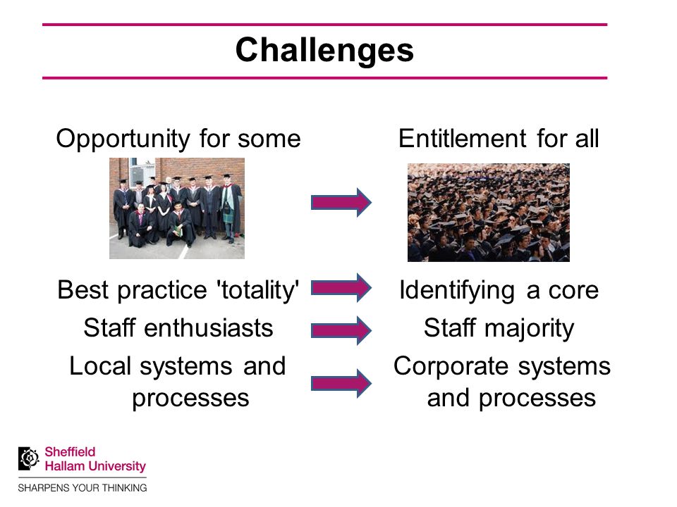 Challenges Opportunity for some Best practice totality Staff enthusiasts Local systems and processes Entitlement for all Identifying a core Staff majority Corporate systems and processes
