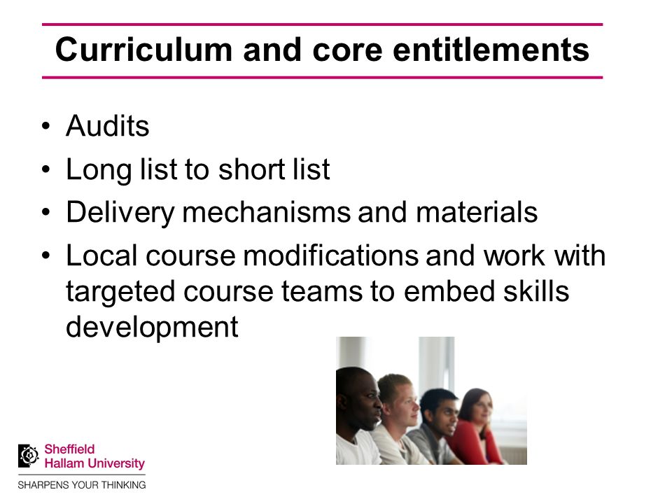 Curriculum and core entitlements Audits Long list to short list Delivery mechanisms and materials Local course modifications and work with targeted course teams to embed skills development
