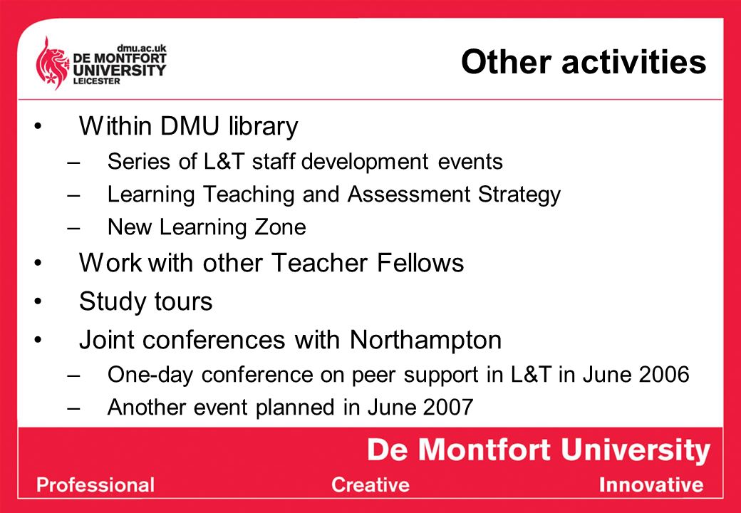 Other activities Within DMU library –Series of L&T staff development events –Learning Teaching and Assessment Strategy –New Learning Zone Work with other Teacher Fellows Study tours Joint conferences with Northampton –One-day conference on peer support in L&T in June 2006 –Another event planned in June 2007