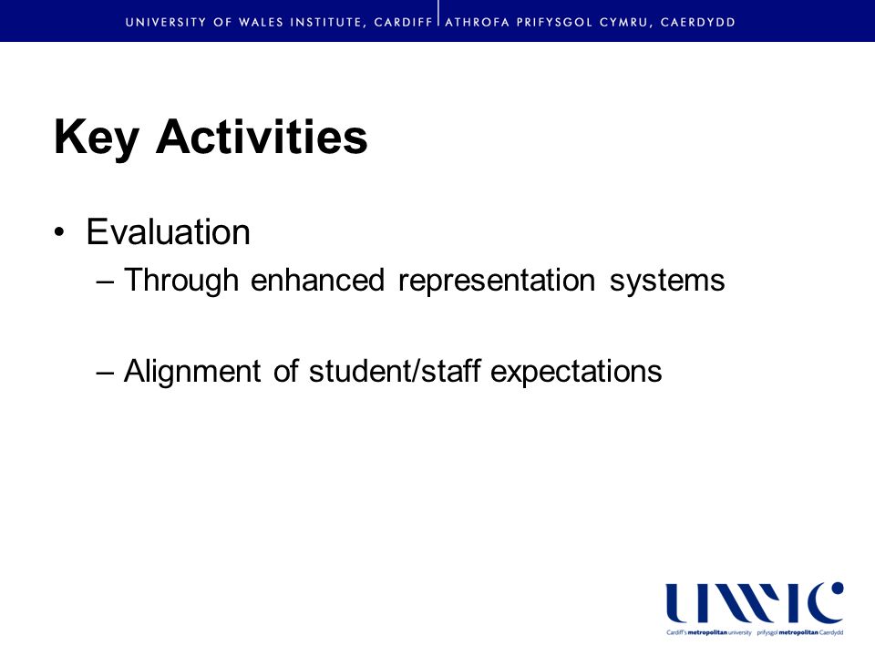 Key Activities Evaluation –Through enhanced representation systems –Alignment of student/staff expectations