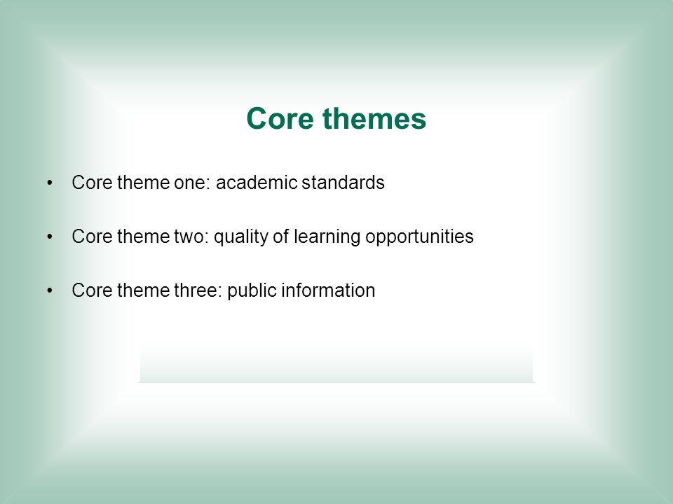 Core themes Core theme one: academic standards Core theme two: quality of learning opportunities Core theme three: public information