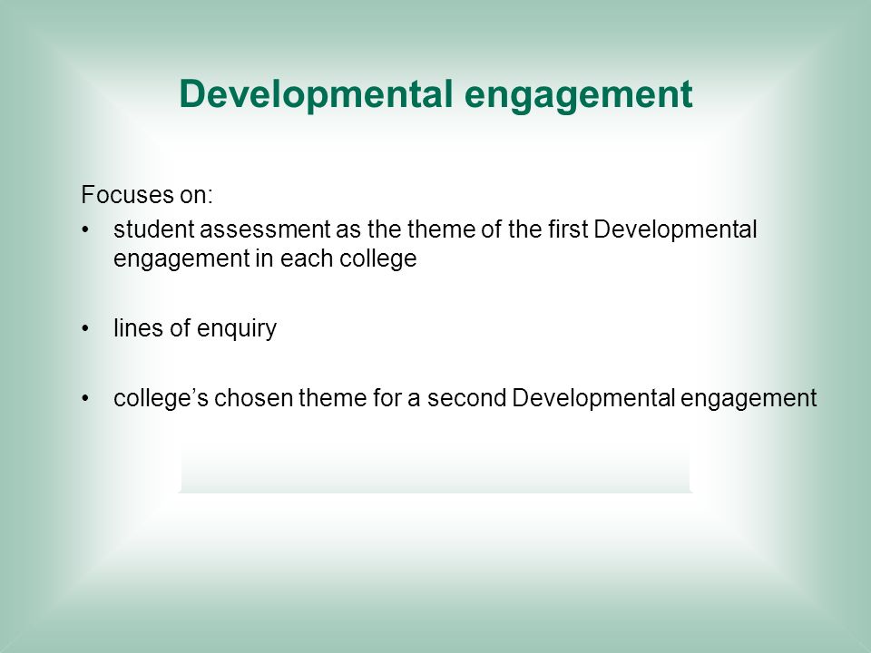 Developmental engagement Focuses on: student assessment as the theme of the first Developmental engagement in each college lines of enquiry colleges chosen theme for a second Developmental engagement
