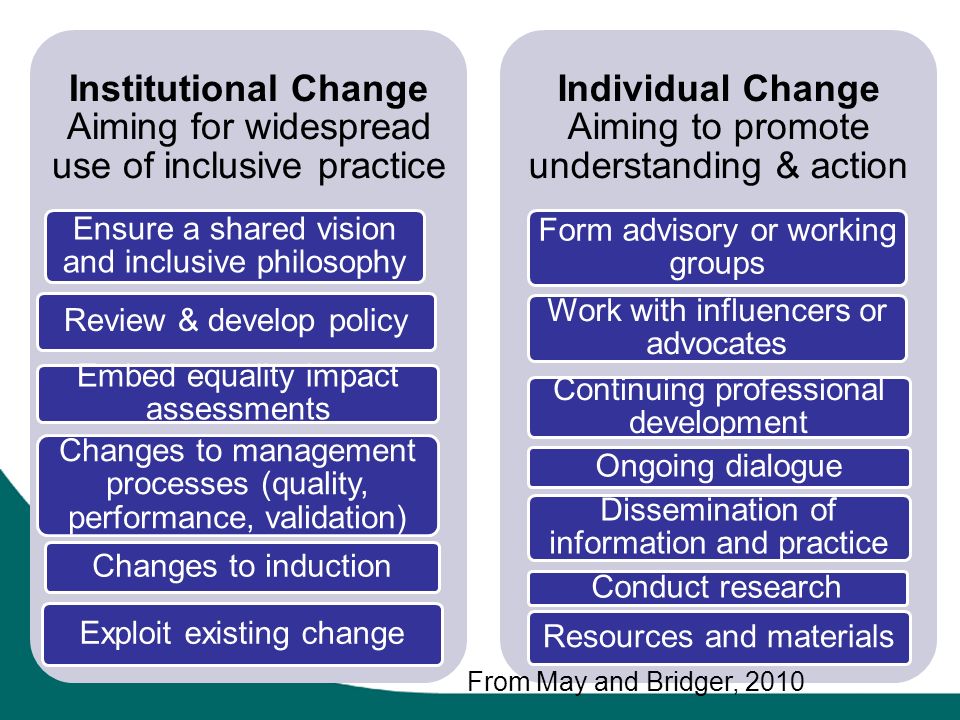 Institutional Change Aiming for widespread use of inclusive practice Ensure a shared vision and inclusive philosophy Review & develop policy Embed equality impact assessments Changes to management processes (quality, performance, validation) Changes to induction Exploit existing change Individual Change Aiming to promote understanding & action Form advisory or working groups Work with influencers or advocates Continuing professional development Ongoing dialogue Dissemination of information and practice Conduct research Resources and materials From May and Bridger, 2010