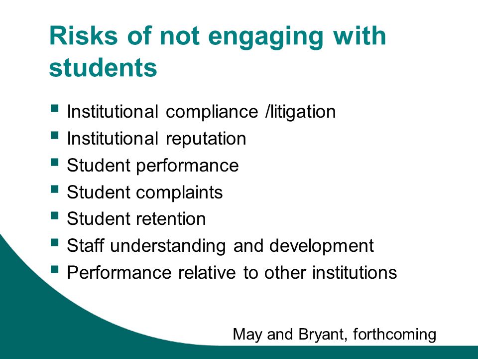 Risks of not engaging with students Institutional compliance /litigation Institutional reputation Student performance Student complaints Student retention Staff understanding and development Performance relative to other institutions May and Bryant, forthcoming