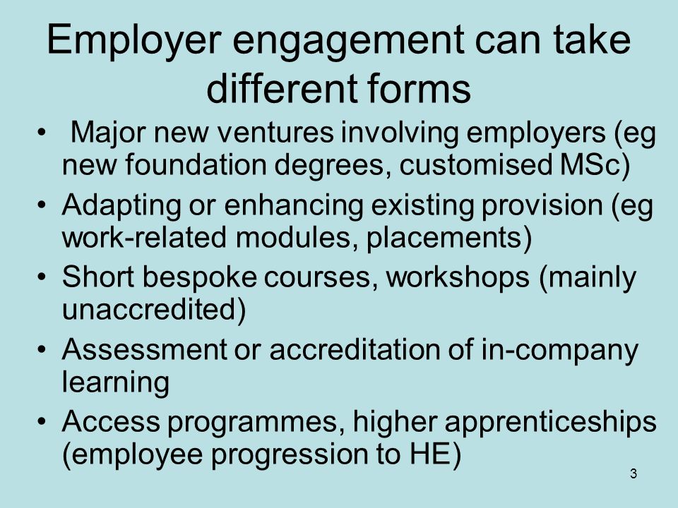 3 Employer engagement can take different forms Major new ventures involving employers (eg new foundation degrees, customised MSc) Adapting or enhancing existing provision (eg work-related modules, placements) Short bespoke courses, workshops (mainly unaccredited) Assessment or accreditation of in-company learning Access programmes, higher apprenticeships (employee progression to HE)