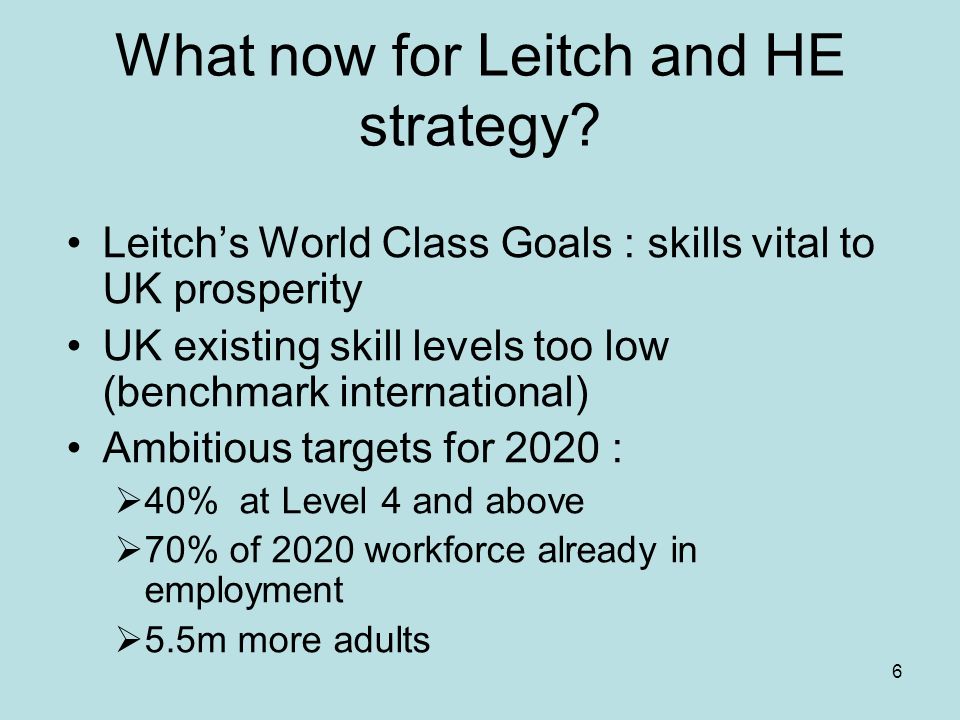 6 What now for Leitch and HE strategy.