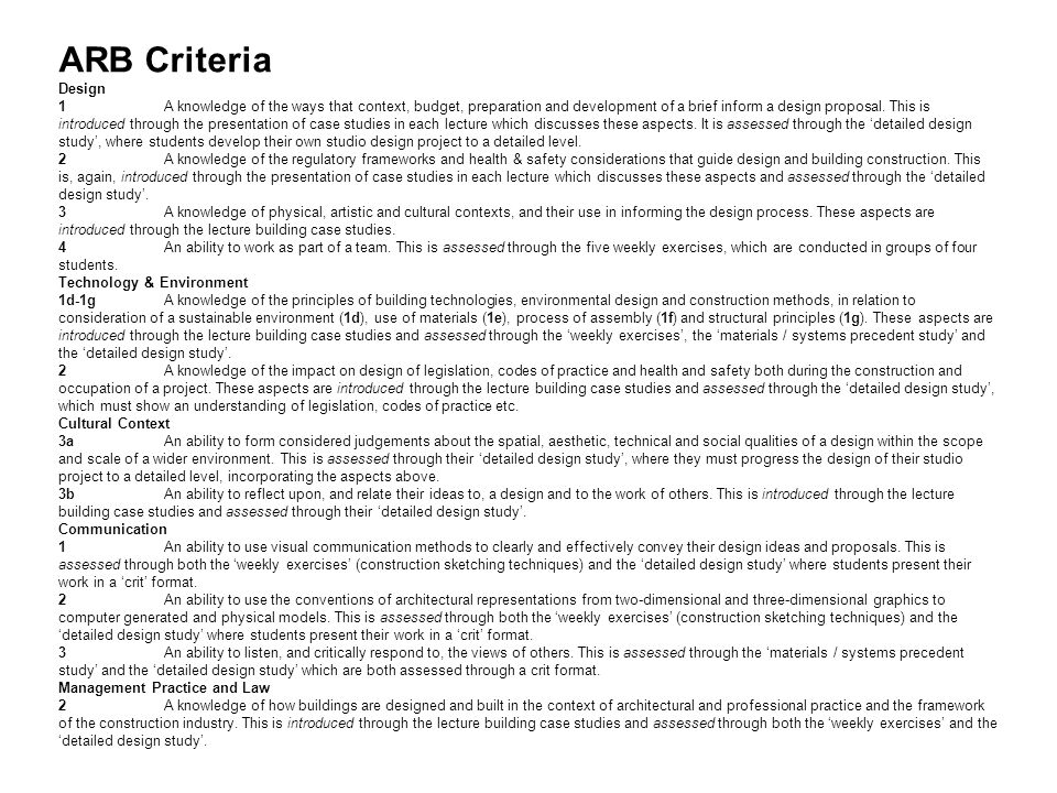 ARB Criteria Design 1A knowledge of the ways that context, budget, preparation and development of a brief inform a design proposal.