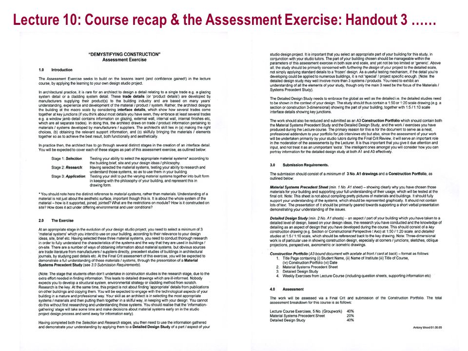 Lecture 10: Course recap & the Assessment Exercise: Handout 3 ……