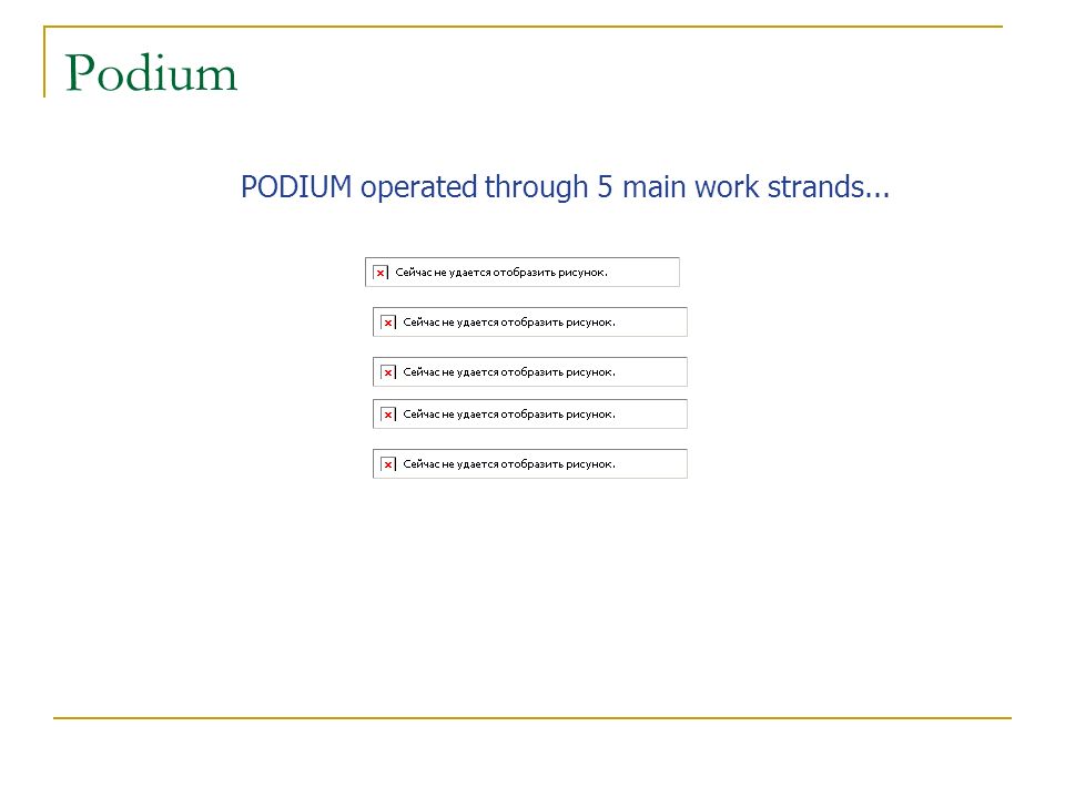 Podium PODIUM operated through 5 main work strands...