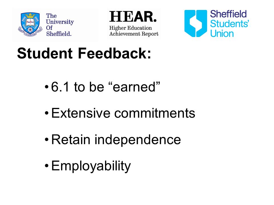 Student Feedback: 6.1 to be earned Extensive commitments Retain independence Employability