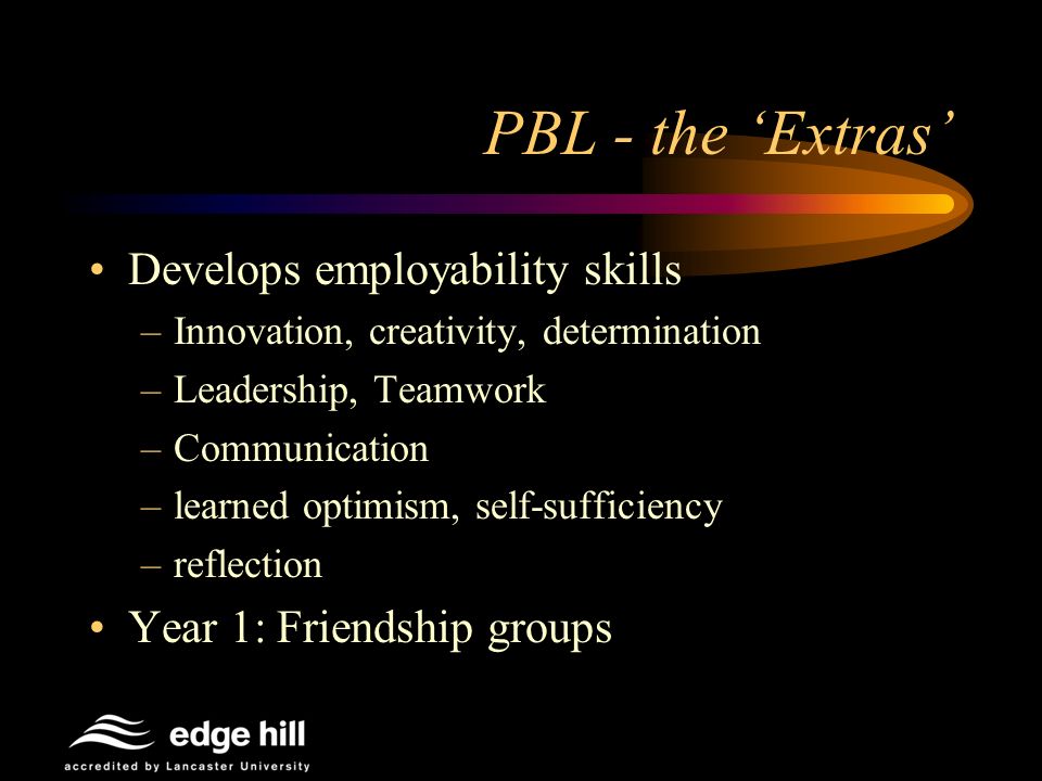 PBL - the Extras Develops employability skills –Innovation, creativity, determination –Leadership, Teamwork –Communication –learned optimism, self-sufficiency –reflection Year 1: Friendship groups