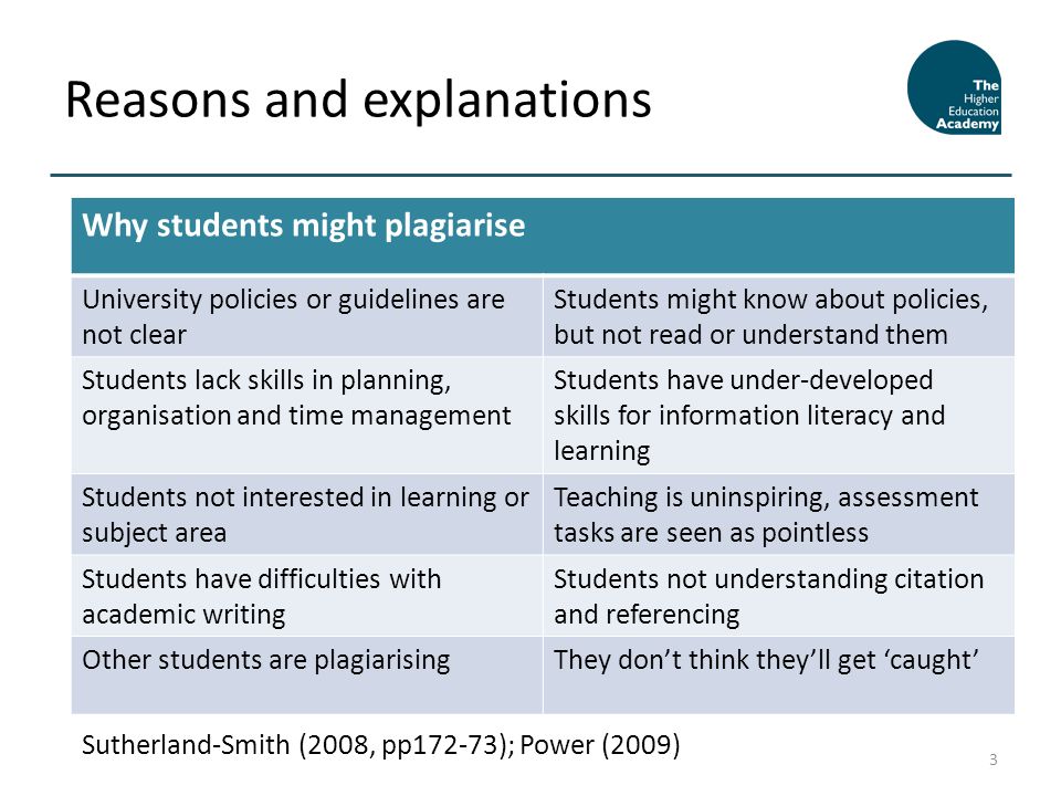 Reasons and explanations Why students might plagiarise University policies or guidelines are not clear Students might know about policies, but not read or understand them Students lack skills in planning, organisation and time management Students have under-developed skills for information literacy and learning Students not interested in learning or subject area Teaching is uninspiring, assessment tasks are seen as pointless Students have difficulties with academic writing Students not understanding citation and referencing Other students are plagiarisingThey dont think theyll get caught Sutherland-Smith (2008, pp172-73); Power (2009) 3