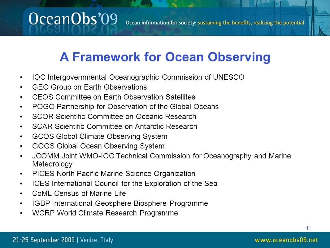 11 A Framework for Ocean Observing IOC Intergovernmental Oceanographic Commission of UNESCO GEO Group on Earth Observations CEOS Committee on Earth Observation Satellites POGO Partnership for Observation of the Global Oceans SCOR Scientific Committee on Oceanic Research SCAR Scientific Committee on Antarctic Research GCOS Global Climate Observing System GOOS Global Ocean Observing System JCOMM Joint WMO-IOC Technical Commission for Oceanography and Marine Meteorology PICES North Pacific Marine Science Organization ICES International Council for the Exploration of the Sea CoML Census of Marine Life IGBP International Geosphere-Biosphere Programme WCRP World Climate Research Programme