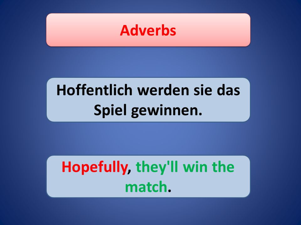 Adverbs Hoffentlich werden sie das Spiel gewinnen. Hopefully, they ll win the match.
