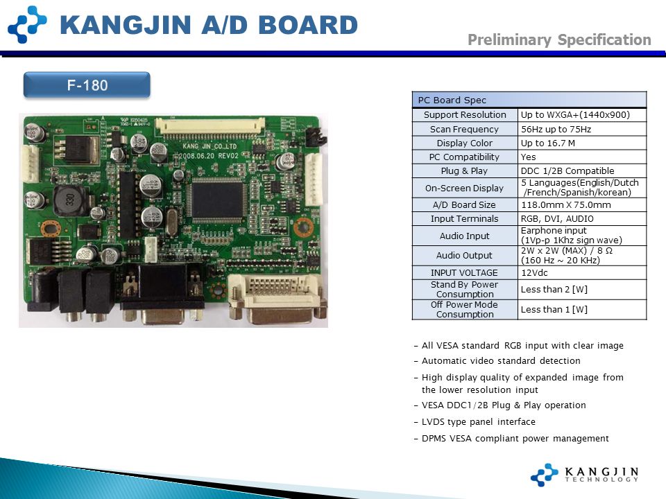 KANGJIN A/D BOARD PC Board Spec Support Resolution Up to WXGA+(1440x900) Scan Frequency 56Hz up to 75Hz Display Color Up to 16.7 M PC Compatibility Yes Plug & Play DDC 1/2B Compatible On-Screen Display 5 Languages(English/Dutch /French/Spanish/korean) A/D Board Size 118.0mm X 75.0mm Input Terminals RGB, DVI, AUDIO Audio Input Earphone input (1Vp-p 1Khz sign wave) Audio Output 2W x 2W (MAX) / 8 Ω (160 Hz ~ 20 KHz) INPUT VOLTAGE 12Vdc Stand By Power Consumption Less than 2 [W] Off Power Mode Consumption Less than 1 [W] - All VESA standard RGB input with clear image - Automatic video standard detection - High display quality of expanded image from the lower resolution input - VESA DDC1/2B Plug & Play operation - LVDS type panel interface - DPMS VESA compliant power management Preliminary Specification