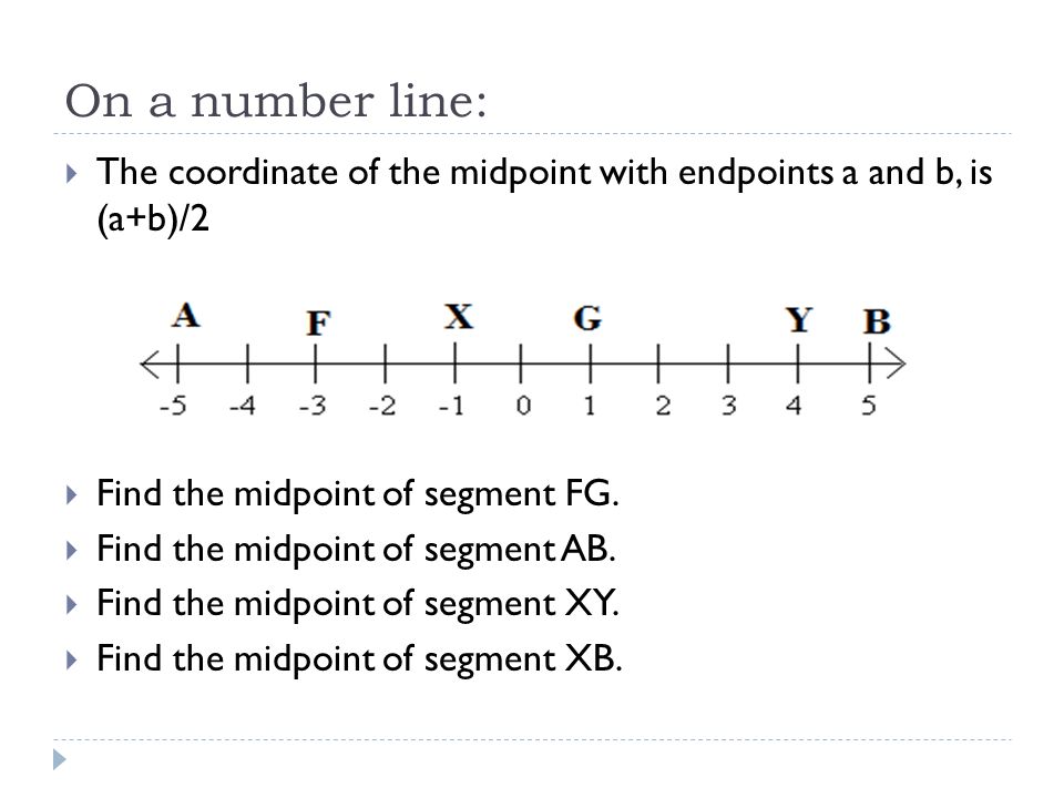 On a number line:  The coordinate of the midpoint with endpoints a and b, is (a+b)/2  Find the midpoint of segment FG.