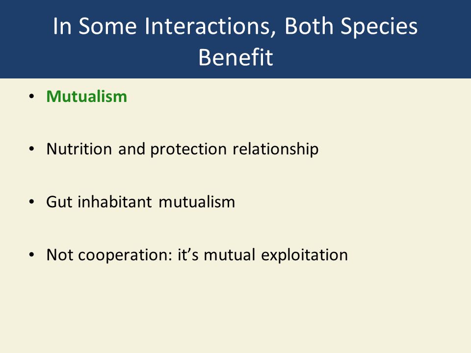 In Some Interactions, Both Species Benefit Mutualism Nutrition and protection relationship Gut inhabitant mutualism Not cooperation: it’s mutual exploitation