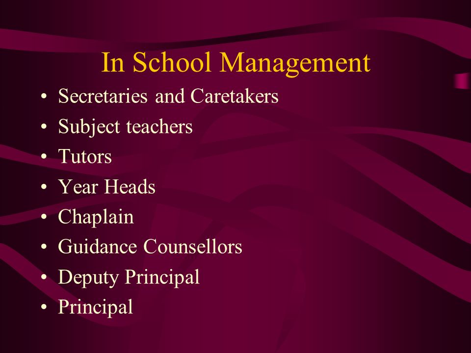 In School Management Secretaries and Caretakers Subject teachers Tutors Year Heads Chaplain Guidance Counsellors Deputy Principal Principal