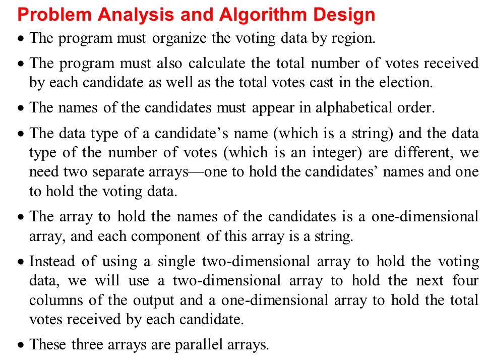 Problem Analysis and Algorithm Design  The program must organize the voting data by region.
