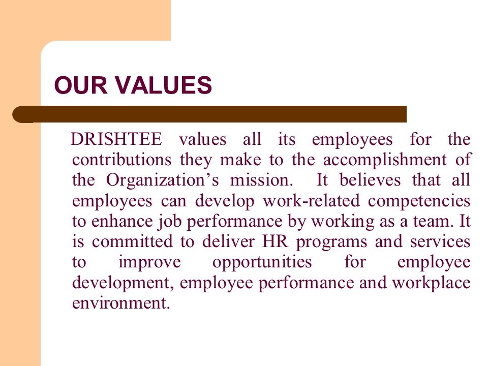 OUR VALUES DRISHTEE values all its employees for the contributions they make to the accomplishment of the Organization’s mission.