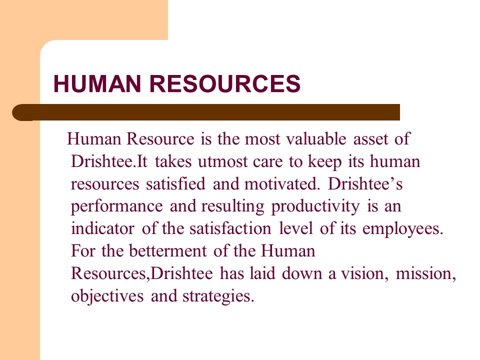 HUMAN RESOURCES Human Resource is the most valuable asset of Drishtee.It takes utmost care to keep its human resources satisfied and motivated.