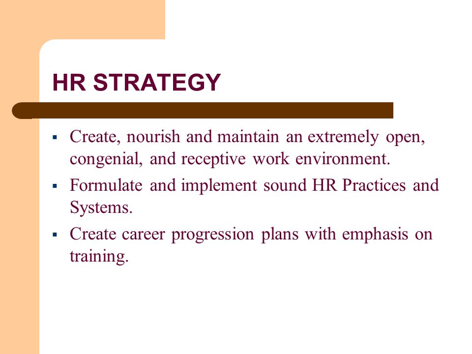 HR STRATEGY  Create, nourish and maintain an extremely open, congenial, and receptive work environment.