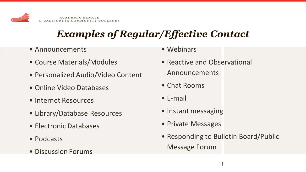 Examples of Regular/Effective Contact Announcements Course Materials/Modules Personalized Audio/Video Content Online Video Databases Internet Resources Library/Database Resources Electronic Databases Podcasts Discussion Forums 11 Webinars Reactive and Observational Announcements Chat Rooms  Instant messaging Private Messages Responding to Bulletin Board/Public Message Forum