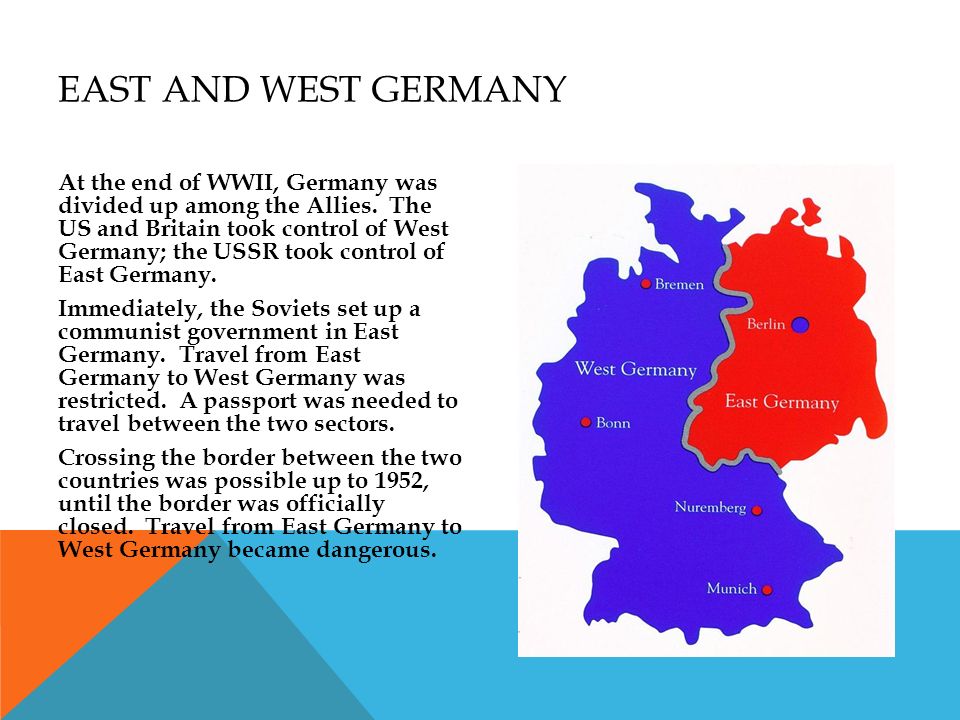 THE COLD WAR. BUFFER ZONE EAST AND WEST GERMANY At the end of WWII, Germany  was divided up among the Allies. The US and Britain took control of West. -  ppt download