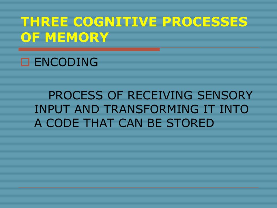 THREE COGNITIVE PROCESSES OF MEMORY  ENCODING PROCESS OF RECEIVING SENSORY INPUT AND TRANSFORMING IT INTO A CODE THAT CAN BE STORED