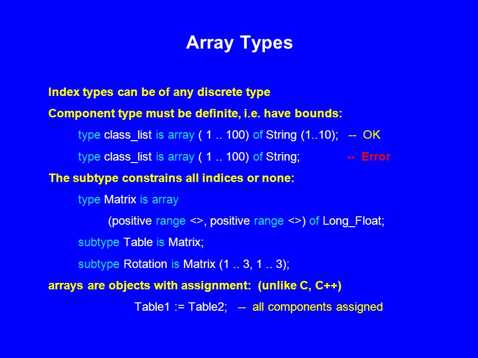 Array Types Index Types Can Be Of Any Discrete Type Component Type Must ...