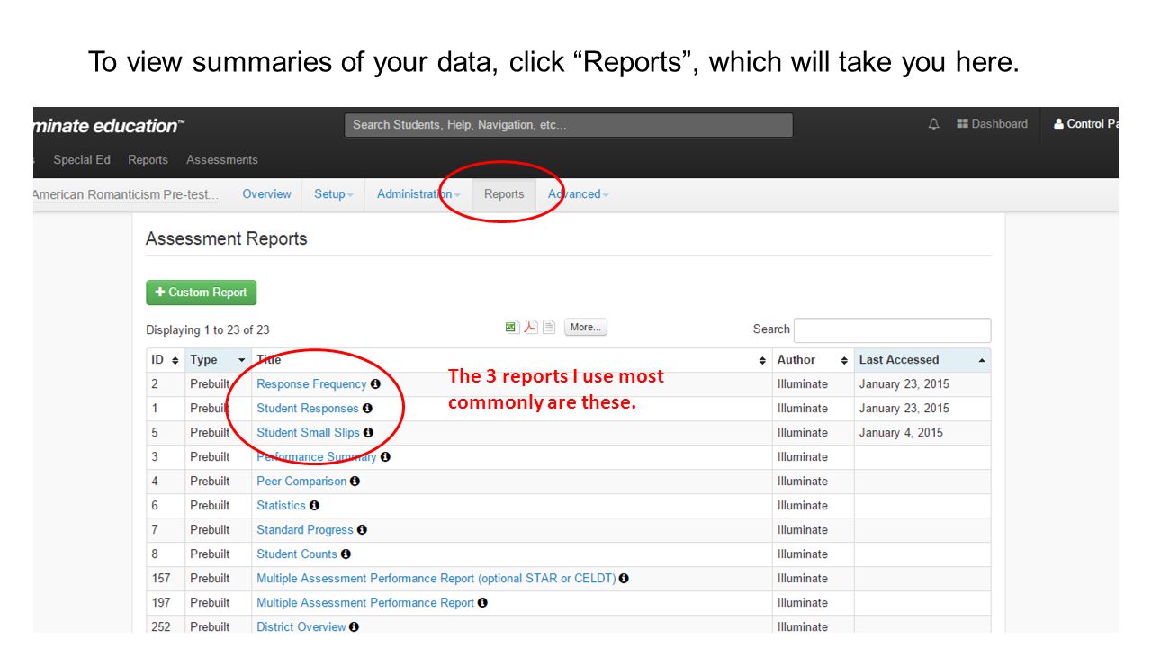 To view summaries of your data, click Reports , which will take you here.