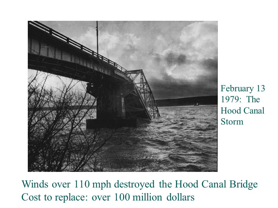 Winds over 110 mph destroyed the Hood Canal Bridge Cost to replace: over 100 million dollars February : The Hood Canal Storm