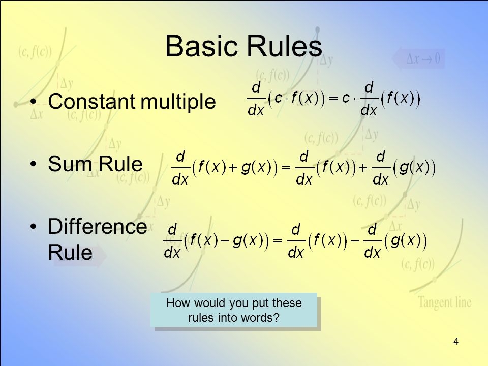 Basic Rules. Differentiation Rules. Differential Rules. Derivative Rules. Different rules