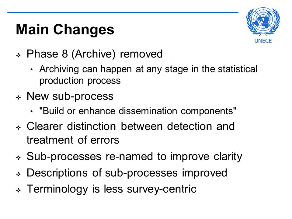 Main Changes  Phase 8 (Archive) removed Archiving can happen at any stage in the statistical production process  New sub-process Build or enhance dissemination components  Clearer distinction between detection and treatment of errors  Sub-processes re-named to improve clarity  Descriptions of sub-processes improved  Terminology is less survey-centric