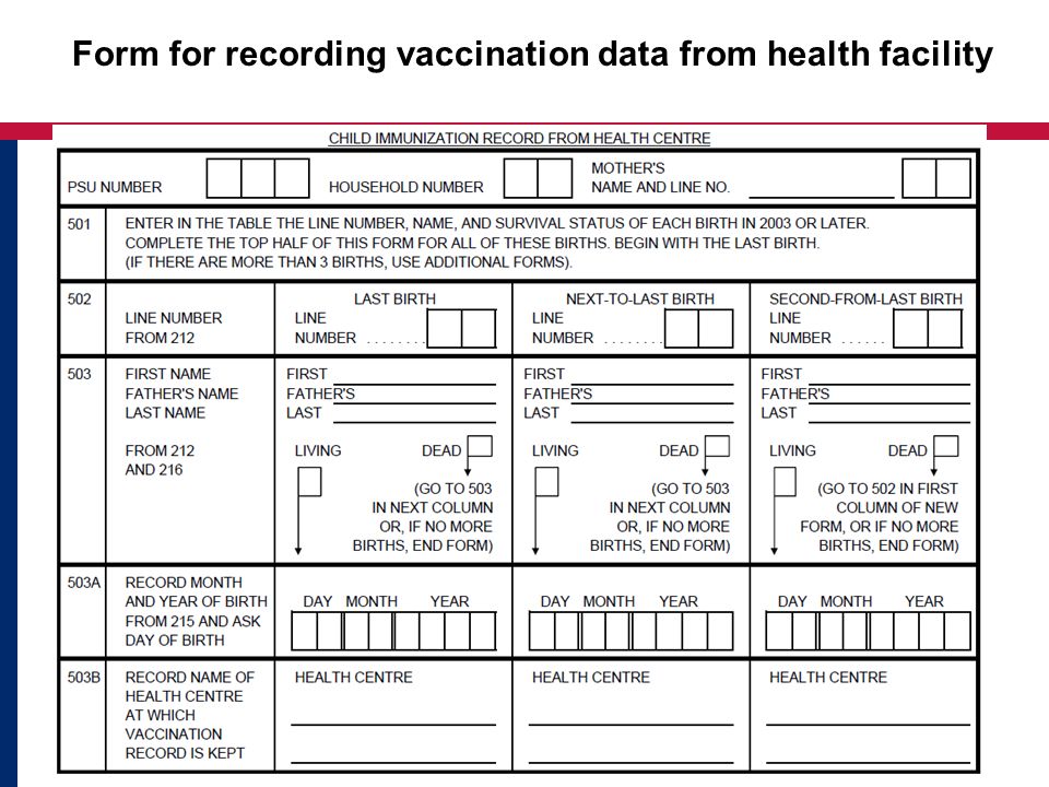 Form for recording vaccination data from health facility