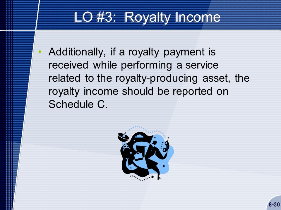 8-30 LO #3: Royalty Income Additionally, if a royalty payment is received while performing a service related to the royalty-producing asset, the royalty income should be reported on Schedule C.
