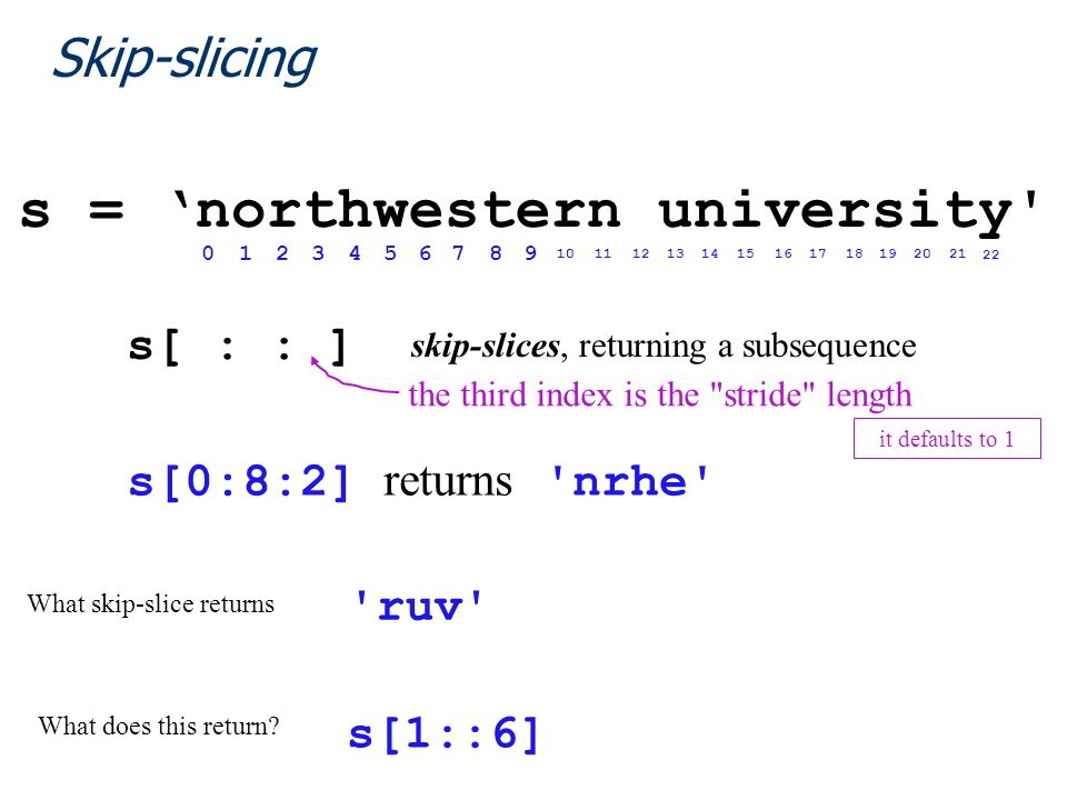 Skip-slicing s = ‘northwestern university s[ : : ] skip-slices, returning a subsequence the third index is the stride length it defaults to 1 s[0:8:2] returns nrhe What skip-slice returns What does this return.