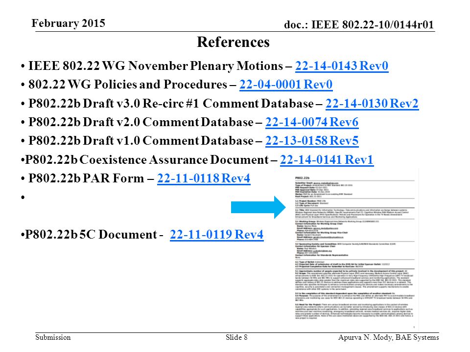 doc.: IEEE /0144r01 Submission IEEE WG November Plenary Motions – Rev Rev WG Policies and Procedures – Rev Rev0 P802.22b Draft v3.0 Re-circ #1 Comment Database – Rev Rev2 P802.22b Draft v2.0 Comment Database – Rev Rev6 P802.22b Draft v1.0 Comment Database – Rev Rev5 P802.22b Coexistence Assurance Document – Rev Rev1 P802.22b PAR Form – Rev Rev4 P802.22b 5C Document Rev Rev4 Apurva N.