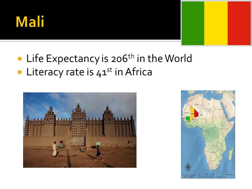  Life Expectancy is 206 th in the World  Literacy rate is 41 st in Africa