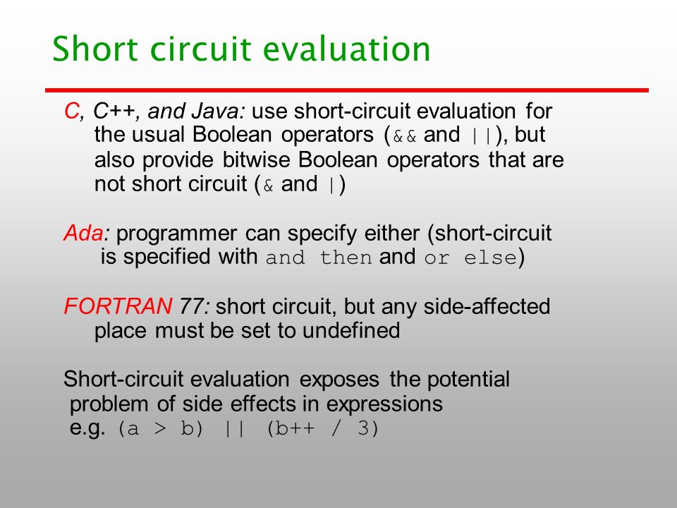 C, C++, and Java: use short-circuit evaluation for the usual Boolean operators ( && and || ), but also provide bitwise Boolean operators that are not short circuit ( & and | ) Ada: programmer can specify either (short-circuit is specified with and then and or else ) FORTRAN 77: short circuit, but any side-affected place must be set to undefined Short-circuit evaluation exposes the potential problem of side effects in expressions e.g.