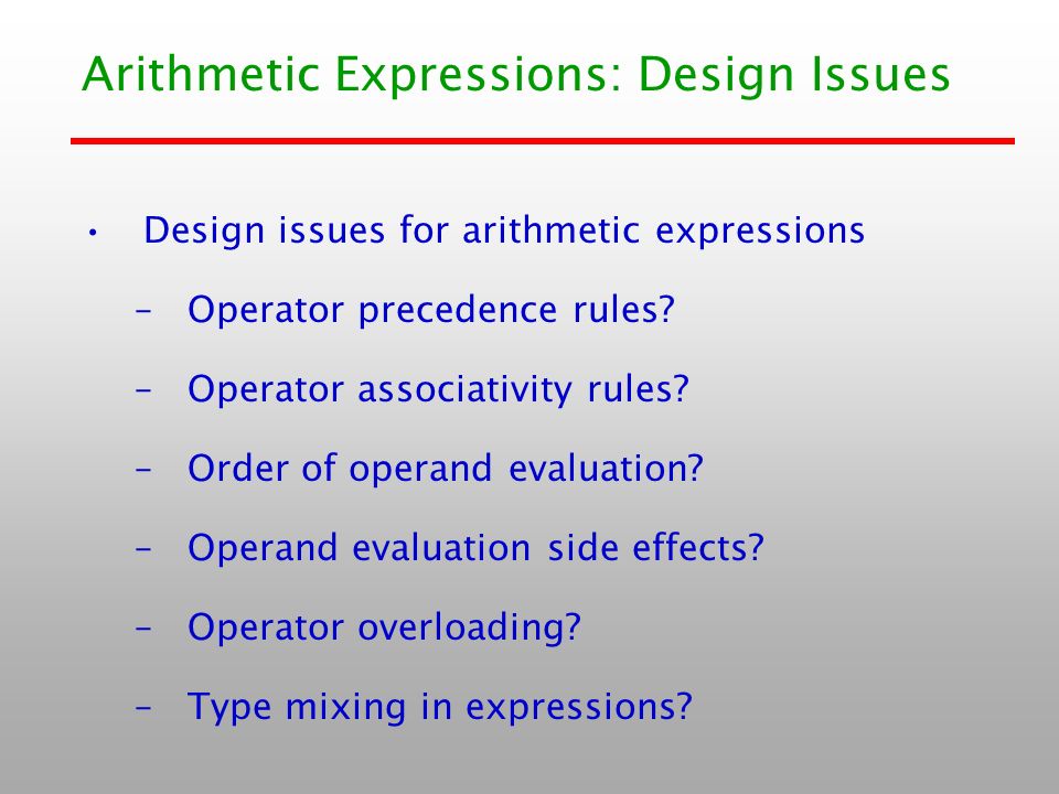 Arithmetic Expressions: Design Issues Design issues for arithmetic expressions –Operator precedence rules.