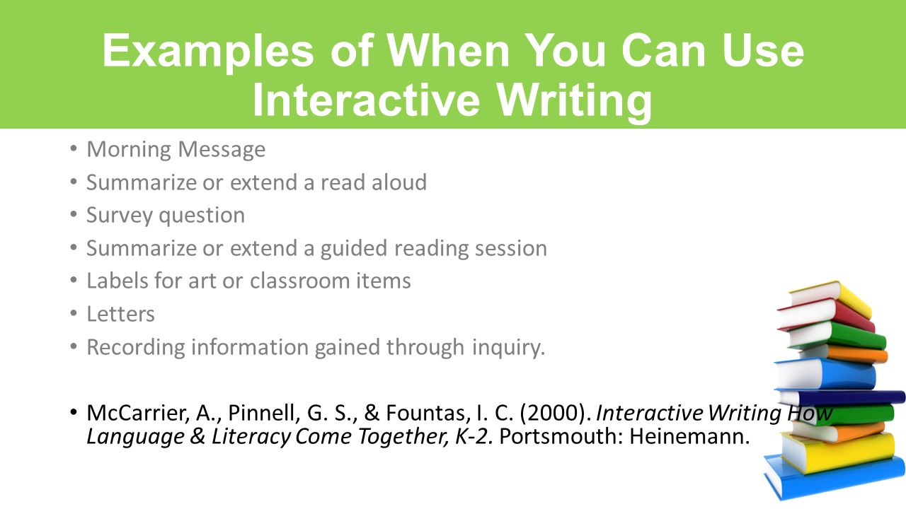 ... Literacy Come Together, K-2. Portsmouth: Heinemann. Examples of When You Can Use Interactive Writing Morning Message Summarize or extend a read aloud