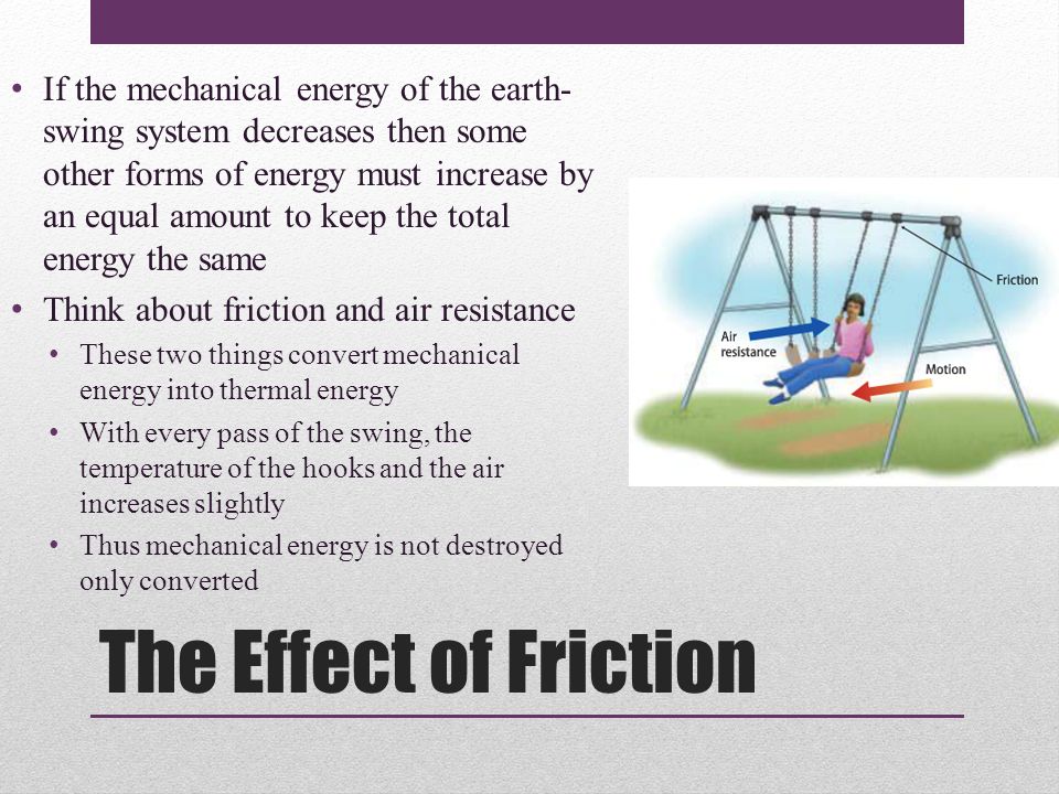The Effect of Friction If the mechanical energy of the earth- swing system decreases then some other forms of energy must increase by an equal amount to keep the total energy the same Think about friction and air resistance These two things convert mechanical energy into thermal energy With every pass of the swing, the temperature of the hooks and the air increases slightly Thus mechanical energy is not destroyed only converted