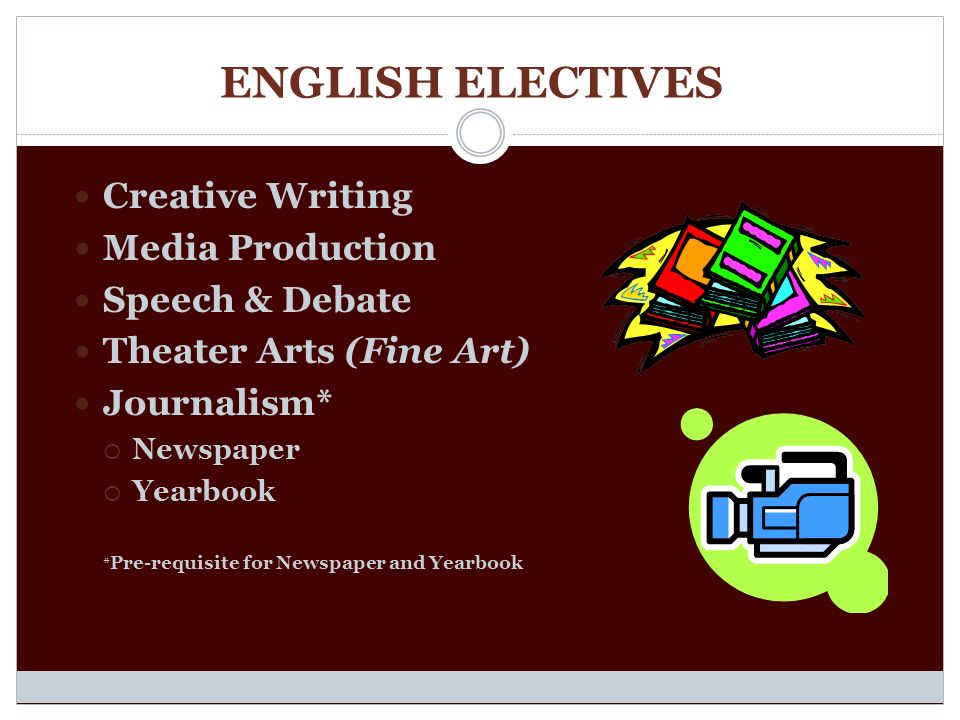 ENGLISH ELECTIVES Creative Writing Media Production Speech & Debate Theater Arts (Fine Art) Journalism*  Newspaper  Yearbook * Pre-requisite for Newspaper and Yearbook