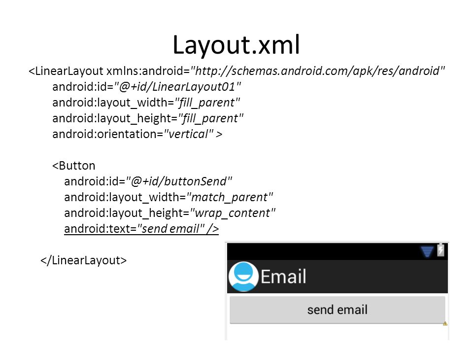 Layout.xml <LinearLayout xmlns:android=   android:layout_width= fill_parent android:layout_height= fill_parent android:orientation= vertical > <Button android:layout_width= match_parent android:layout_height= wrap_content android:text= send  />