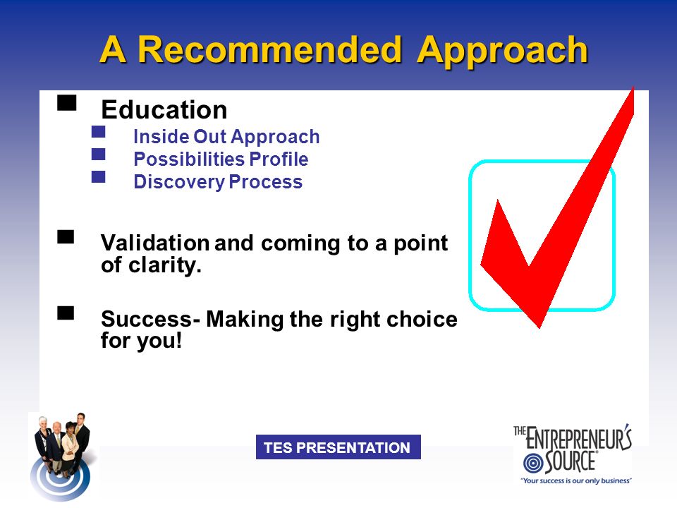TES PRESENTATION A Recommended Approach ▀ Education ▀ Inside Out Approach ▀ Possibilities Profile ▀ Discovery Process ▀ Validation and coming to a point of clarity.