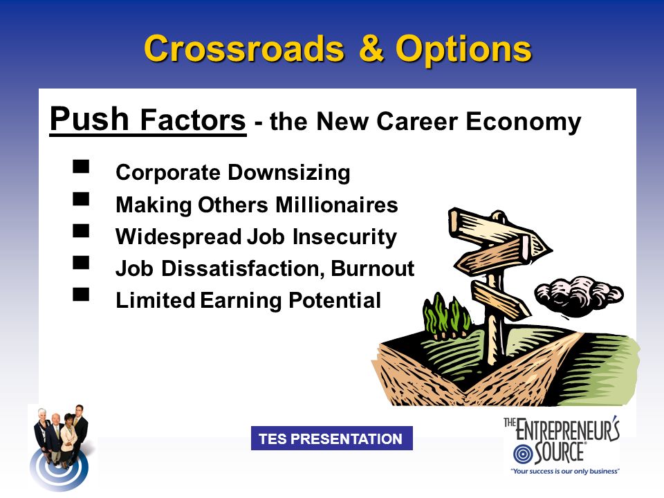 TES PRESENTATION Crossroads & Options Push Factors - the New Career Economy ▀ Corporate Downsizing ▀ Making Others Millionaires ▀ Widespread Job Insecurity ▀ Job Dissatisfaction, Burnout ▀ Limited Earning Potential