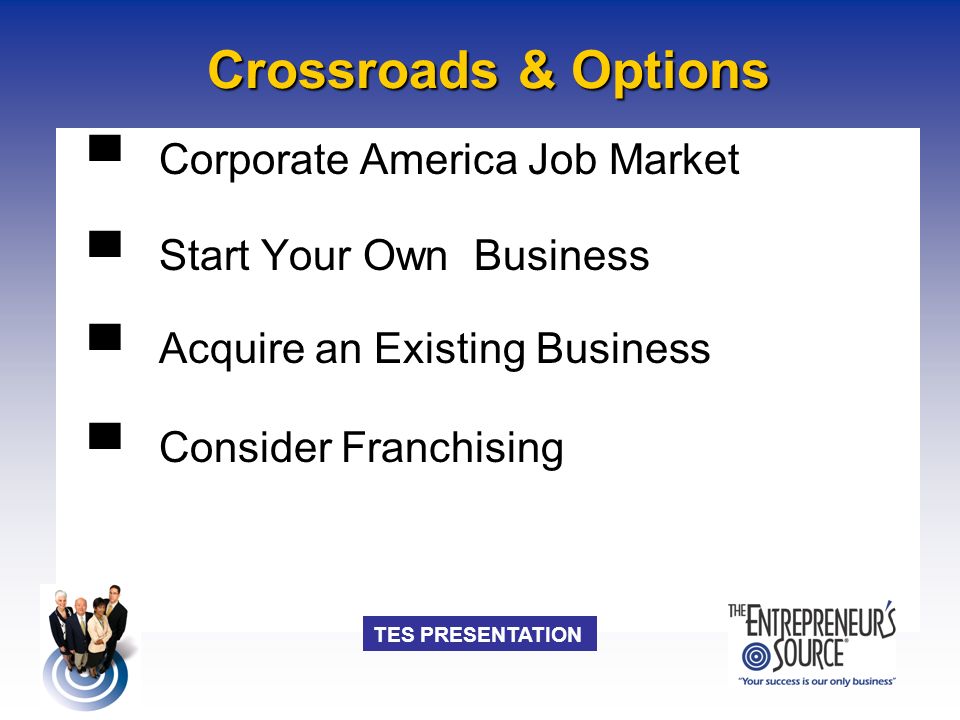 TES PRESENTATION Crossroads & Options ▀ Corporate America Job Market ▀ Start Your Own Business ▀ Acquire an Existing Business ▀ Consider Franchising